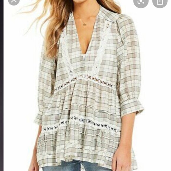 Free People Time Out Tunic Blouse Lace Crochet Plaid Boho Babydoll Sz S B37 - Picture 2 of 13